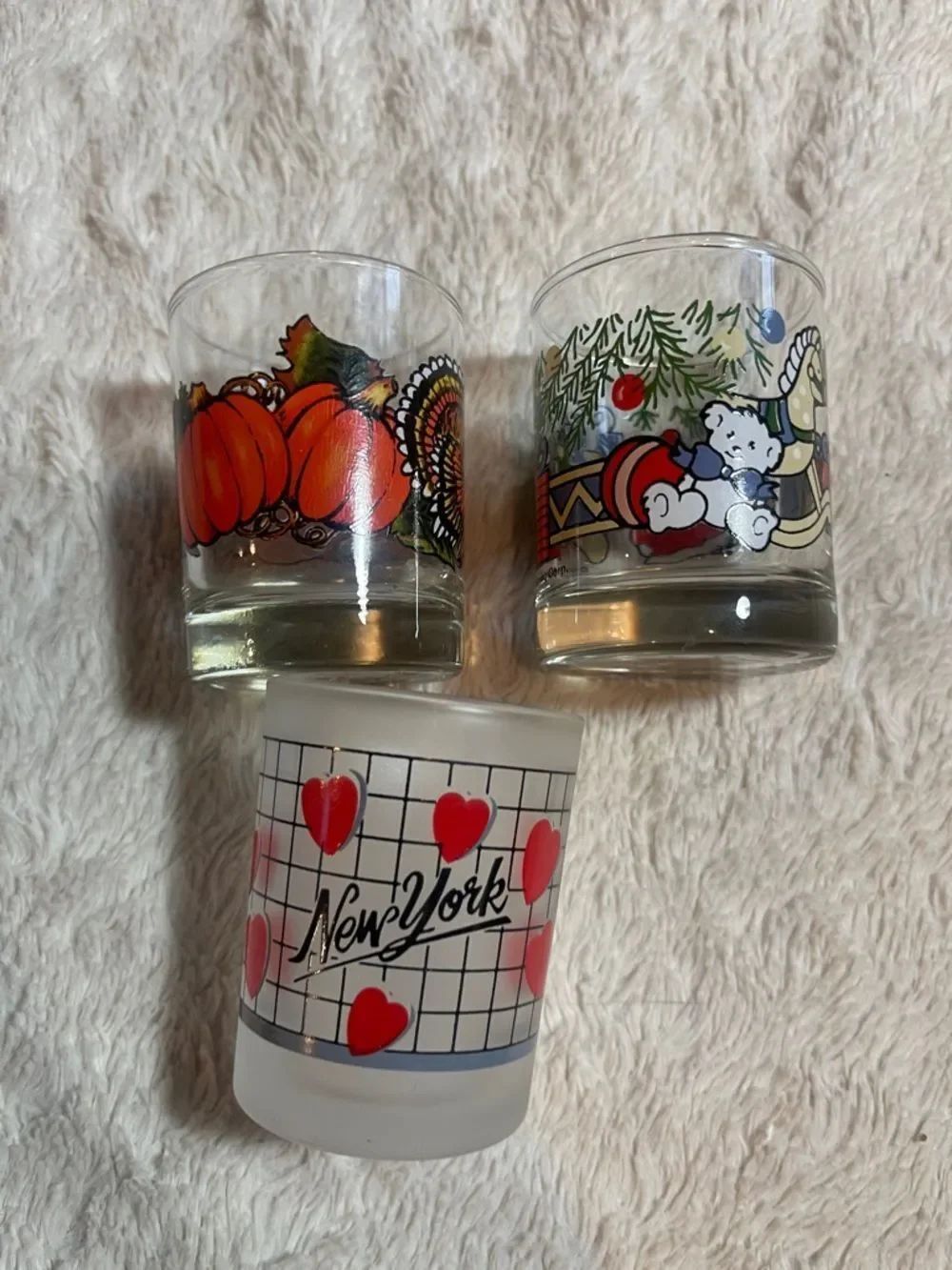 Vintage Holiday & New York Glass Shot Set - Pumpkin, Santa Bear, Hearts